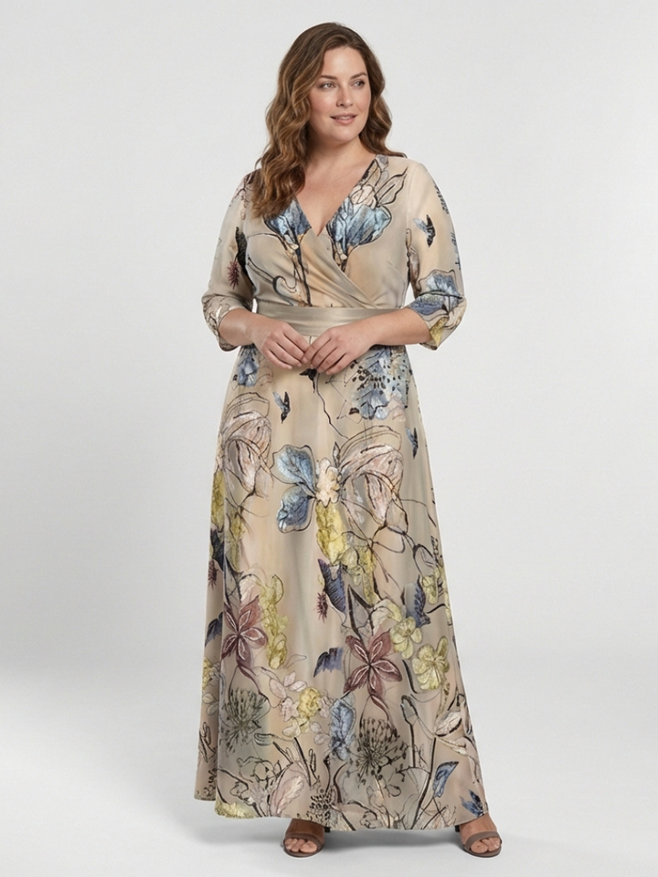 Caroline | Robe maxi portefeuille a flores com mangas três-quartos